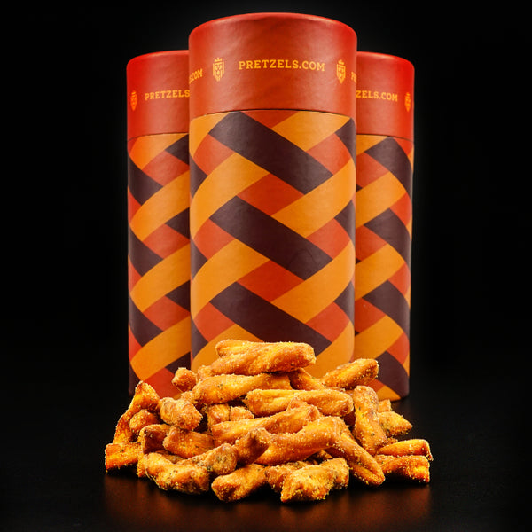 gourmet pretzels in front of their containers