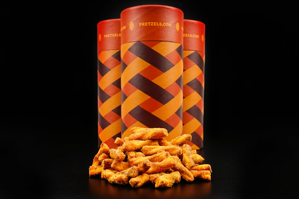gourmet pretzels in front of their containers